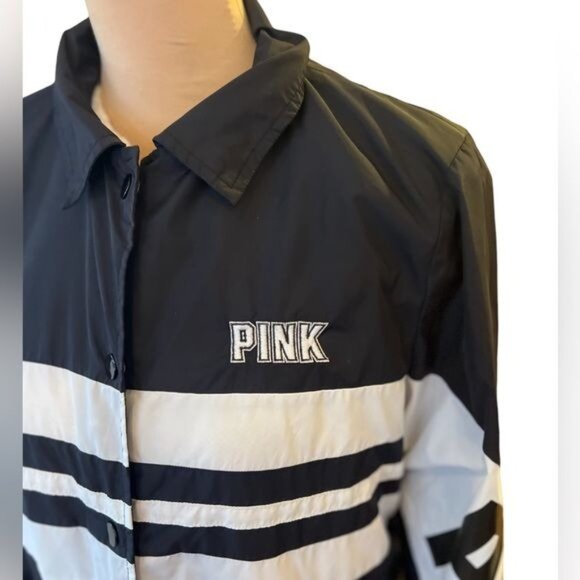 Victoria's Secret Pink Sherpa Lined Snap Button Coaches Jacket Black Logo Small - Picture 5 of 13